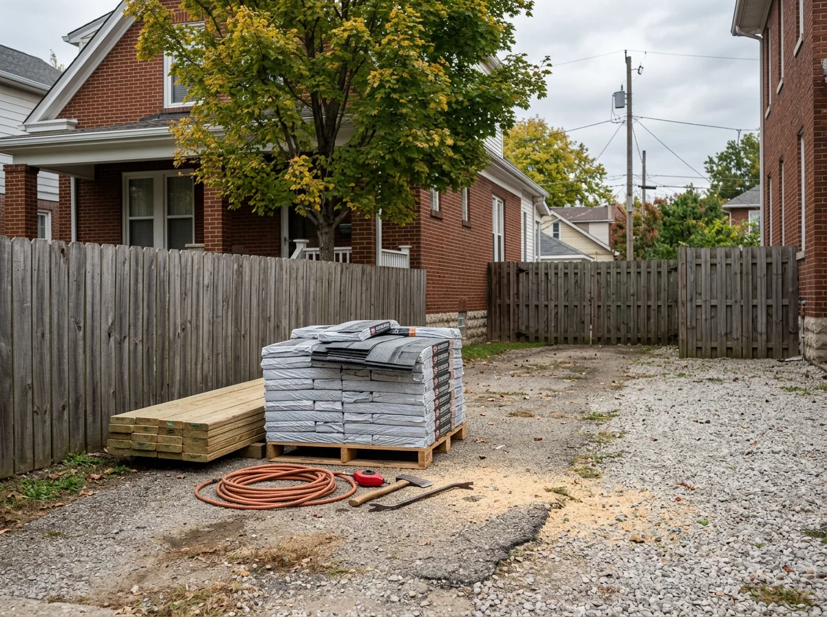 Exterior view of construction tools and materials staged for a residential project. The scene shows a work area ready for roofing, decking, and carpentry tasks.