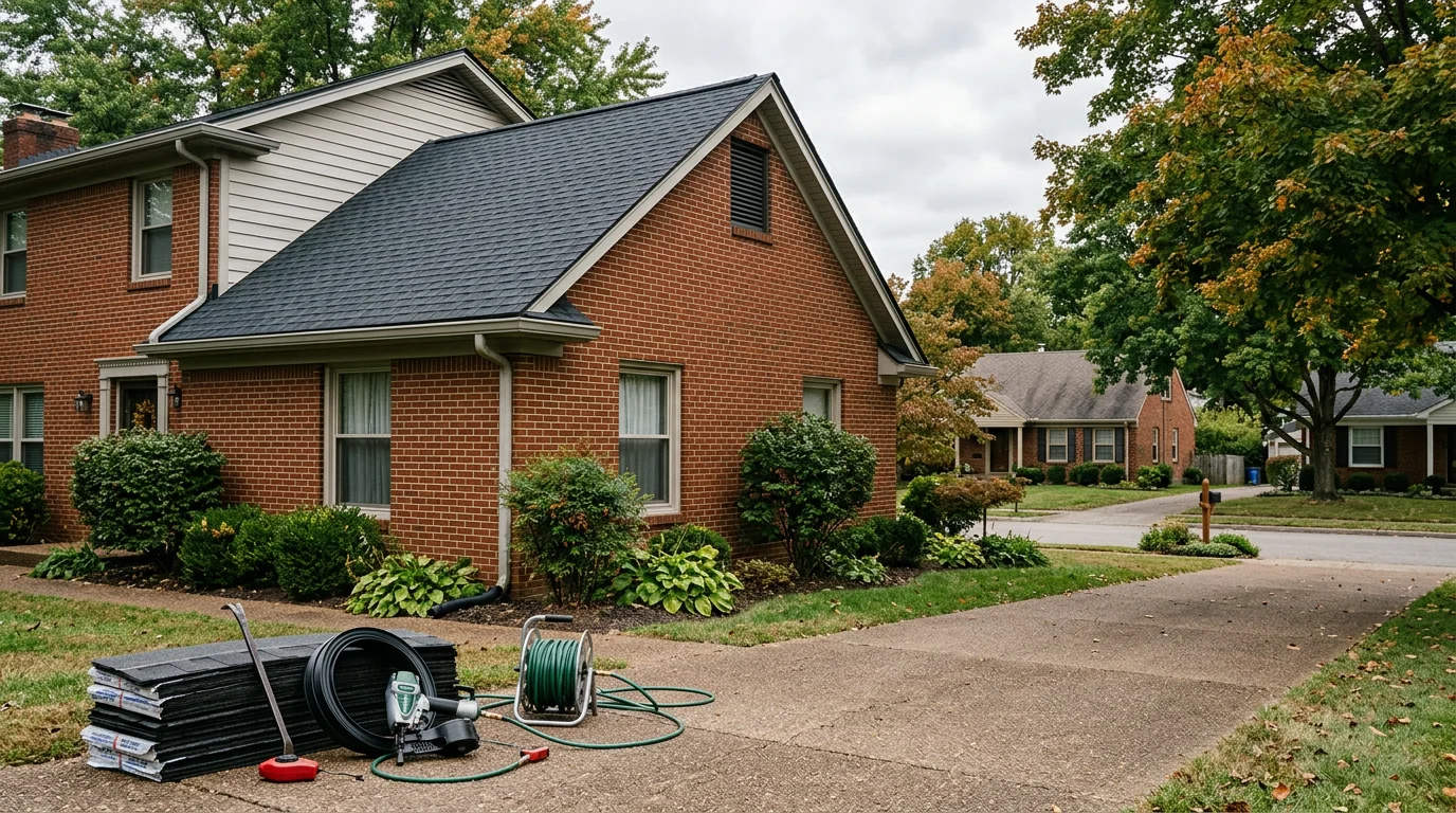 Roofer working on a residential roof in Louisville, Kentucky