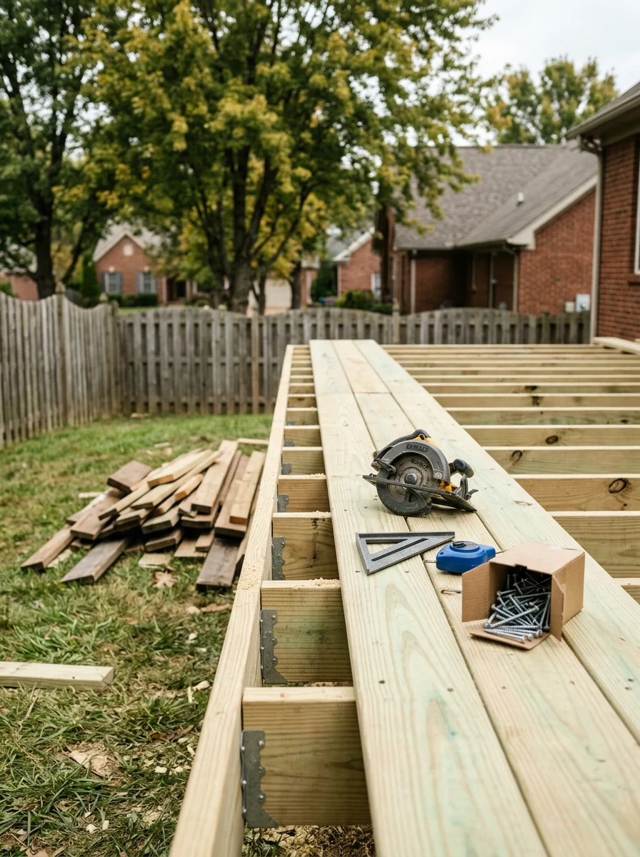 Deck replacement in progress on an established Clarksville neighborhood home, showing new pressure-treated framing and decking boards being installed on a residential backyard deck.