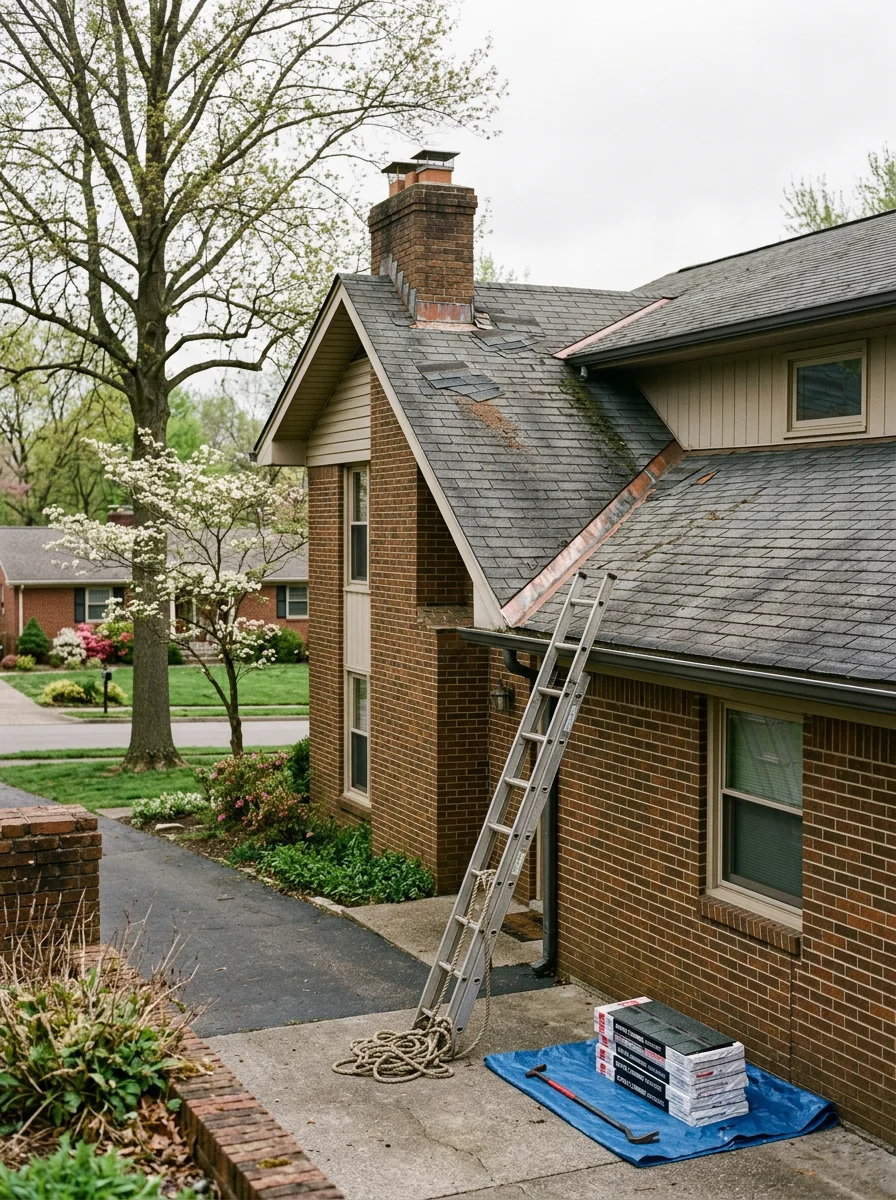 Roof inspection on a 1970s split-level home in Jeffersontown, KY, showing a contractor examining shingle condition and flashing along the roofline.