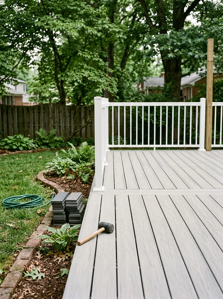 Close-up of a new composite deck installation on a Louisville home, showing freshly installed decking boards and painted railing against a mature tree-lined backyard.
