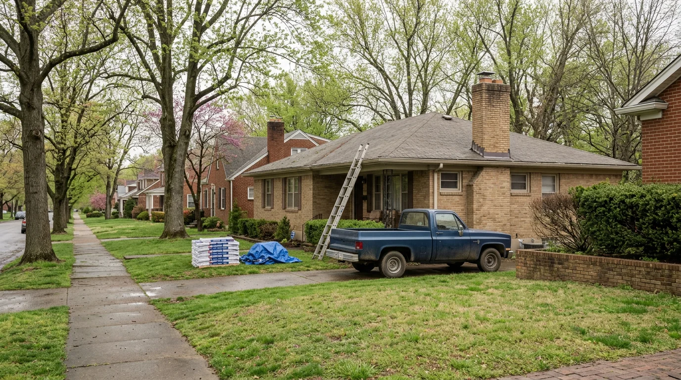 A contractor performing roof inspection on a 1950s brick ranch home in Louisville, Kentucky, checking shingle condition and flashing after a spring hail storm.