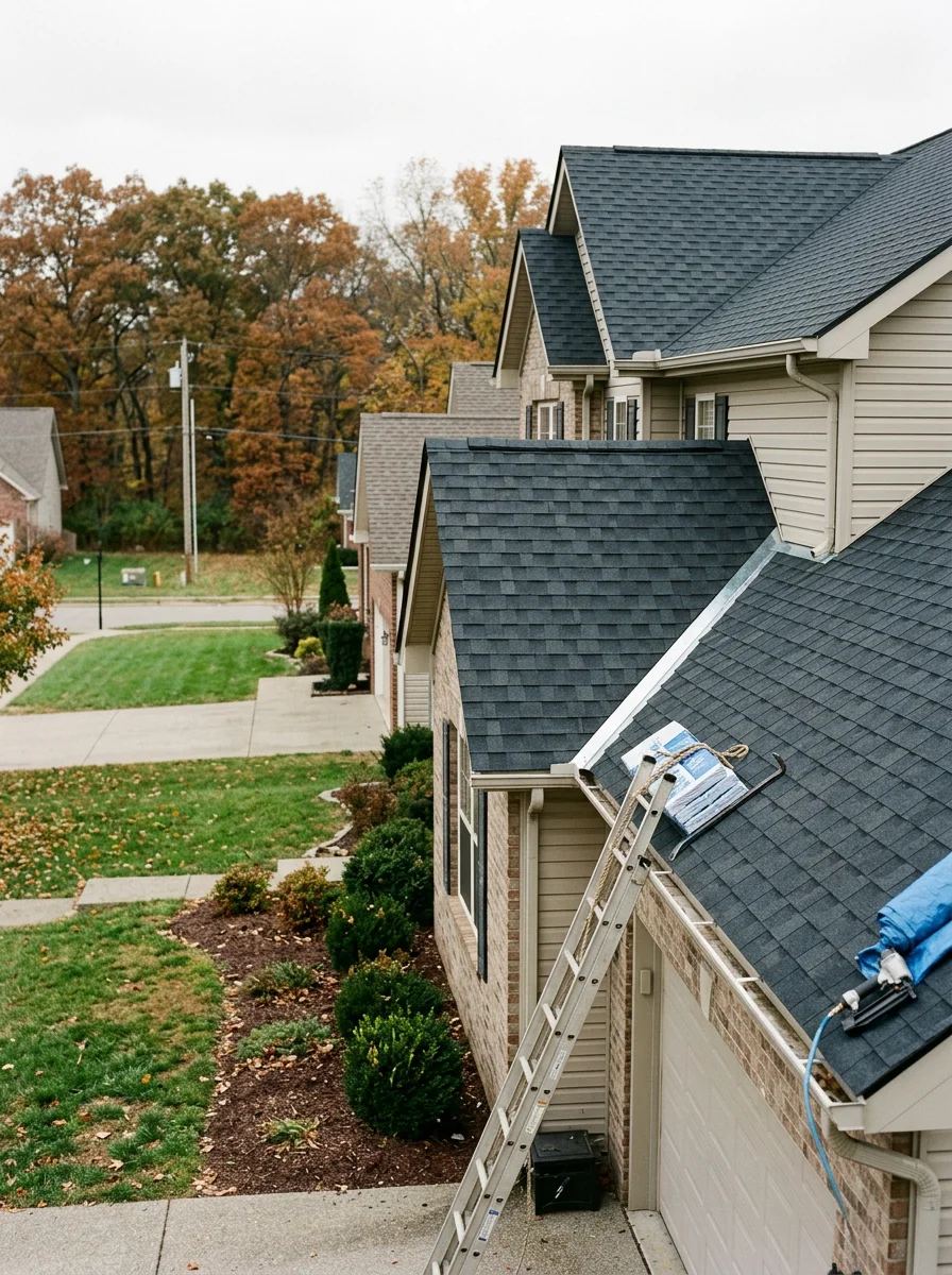 A roofing contractor inspecting flashing and shingle condition on a newer two-story home in Mt. Washington, KY, with a residential subdivision and tree line in the background.