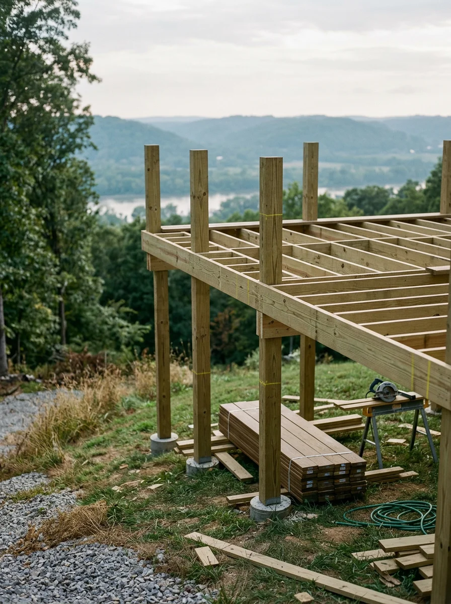 New deck construction on a north-side New Albany property near Floyds Knobs, showing elevated post framing on a sloped lot with an Ohio River valley view in the background.