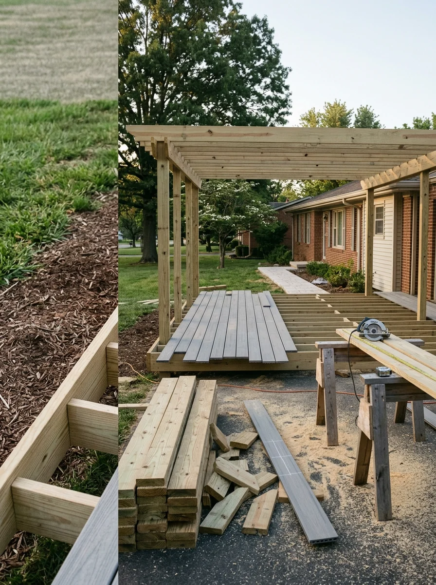 A new pergola and composite deck under construction on a Shepherdsville, Kentucky residential lot, showing post framing and decking boards on a generous suburban yard.