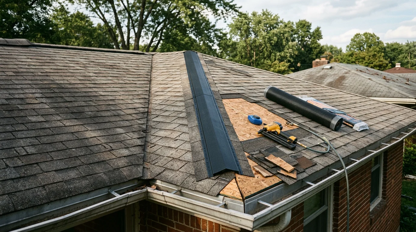 A roofing contractor installing a ridge vent along the peak of a residential roof in Louisville, Kentucky, with soffit vents visible along the eave below. The work shows a balanced intake and exhaust attic venting system on a typical suburban home.