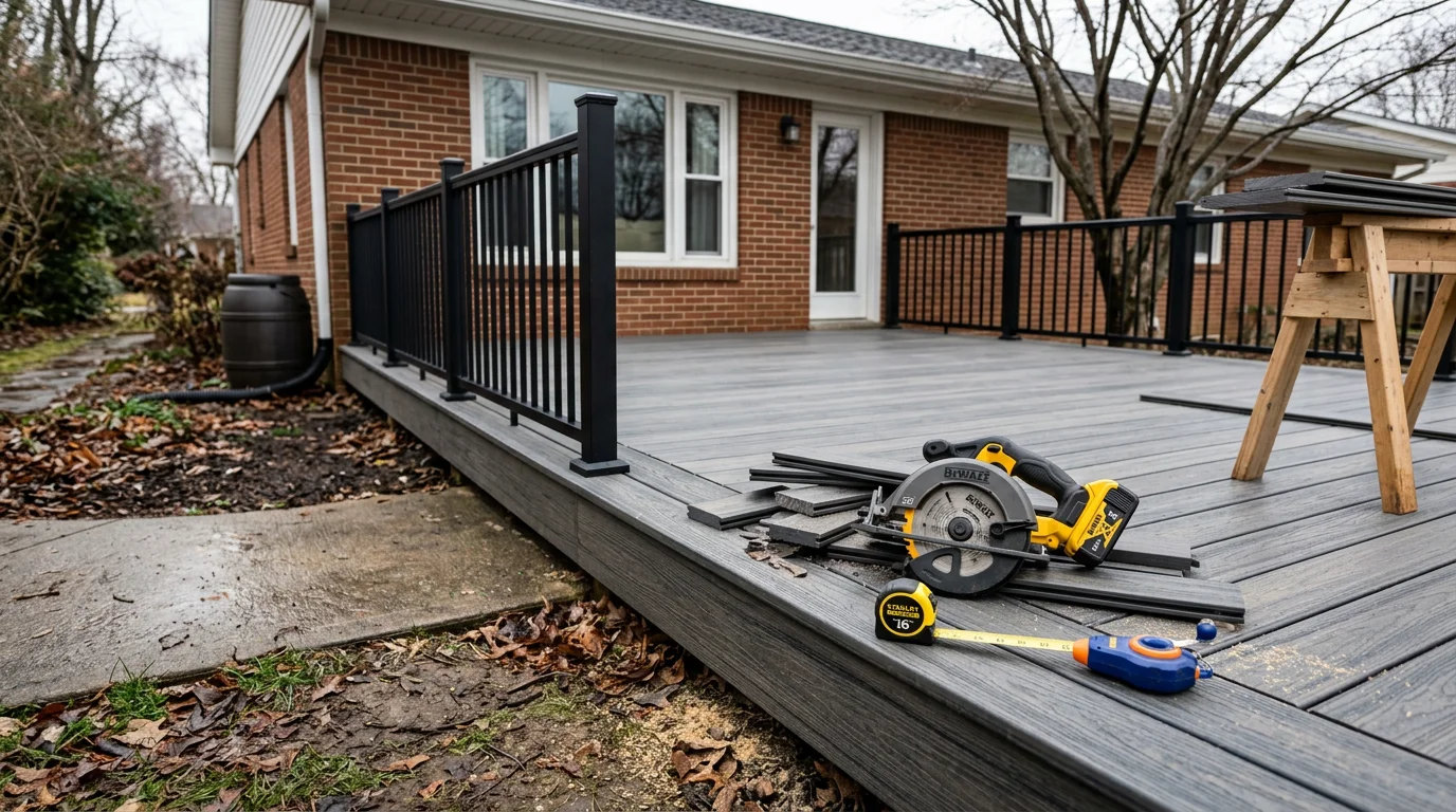 A finished composite deck attached to a residential home in Louisville, Kentucky, featuring clean horizontal decking boards, a railing system, and a view of a backyard yard. The surface shows no visible fasteners and has a uniform color consistent with capped composite decking material.