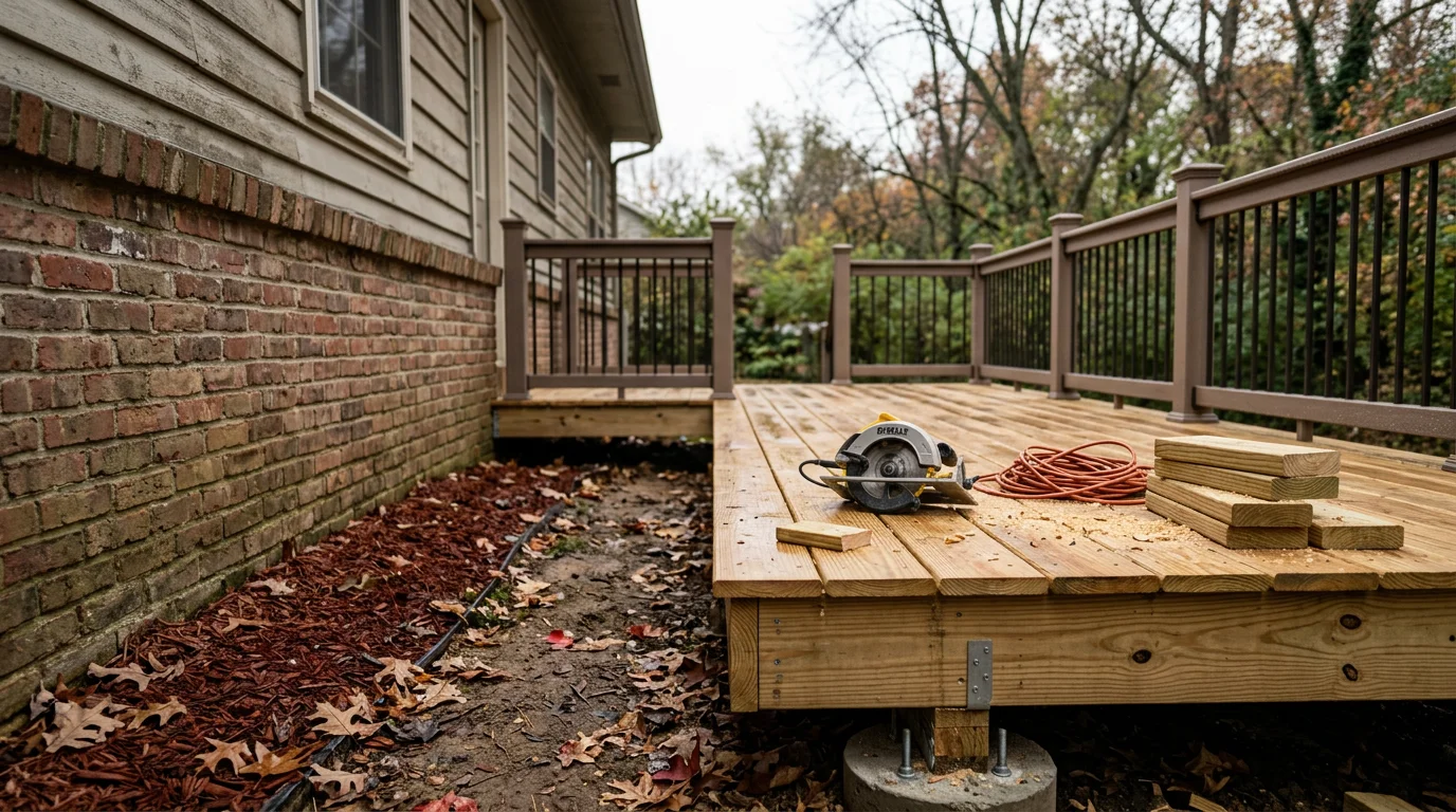 A newly constructed wood deck attached to the back of a residential home in Louisville, Kentucky, with clean framing, a stair landing, and a railing along the perimeter. The deck overlooks a residential backyard typical of Jefferson County neighborhoods.