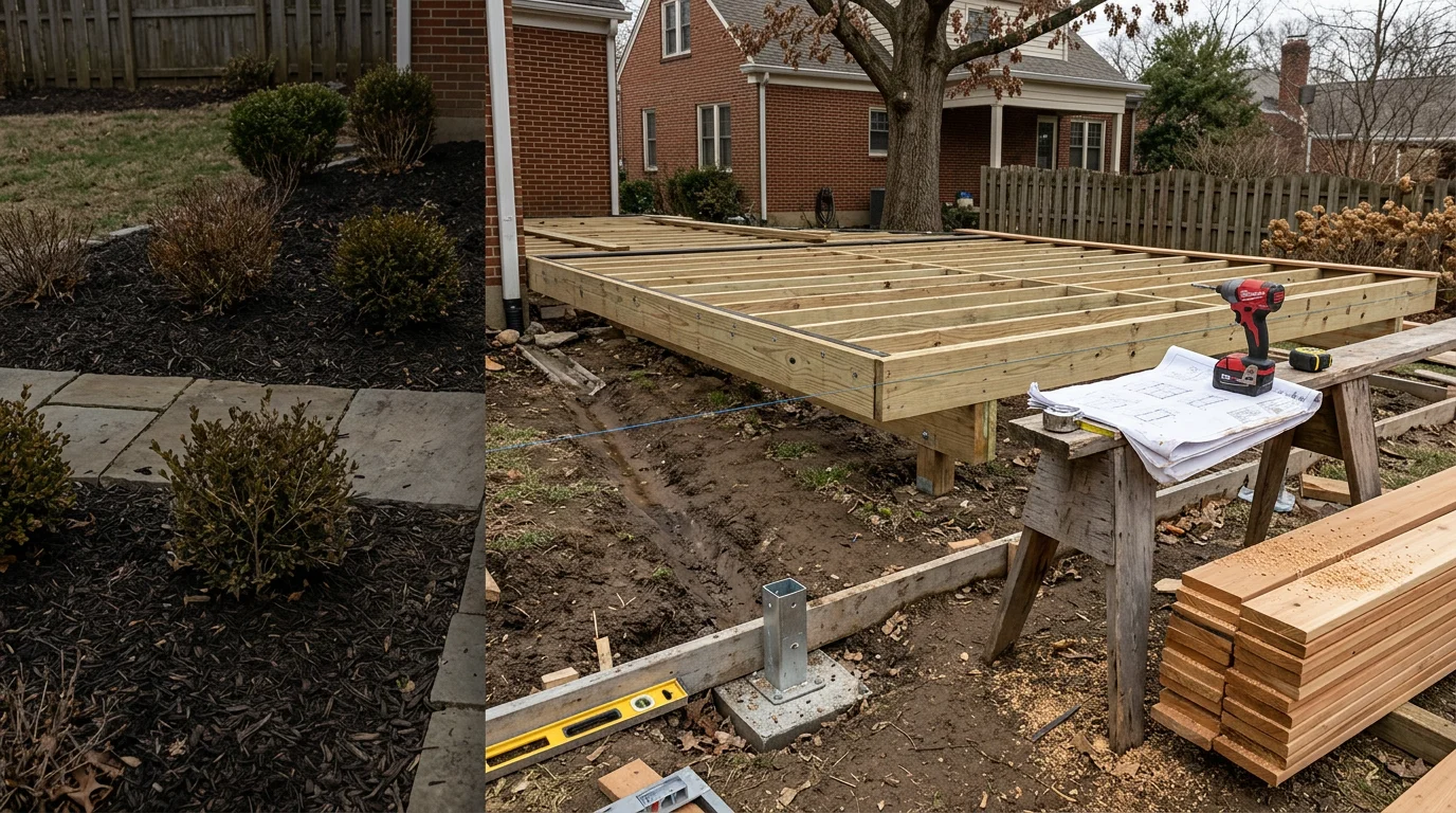 Custom deck design plan laid out for a residential backyard in Louisville, Kentucky, showing a multi-level layout suited to a sloped lot. A deck builder reviews the structural layout with a homeowner before construction begins.