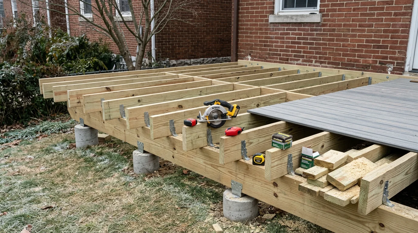 Newly installed wood deck attached to the back of a residential home in Louisville, Kentucky, with pressure-treated framing visible beneath the decking boards and a clean railing along the perimeter.