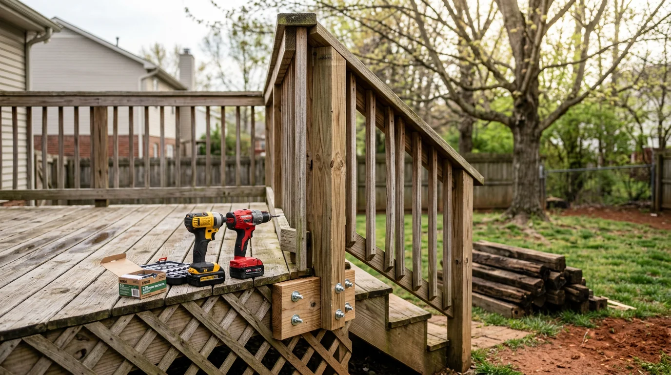 A repaired wood deck railing with secure posts and evenly spaced balusters on a residential deck in Louisville, Kentucky. Close-up view shows reinforced post-to-deck connections and consistent railing profile along the full run.