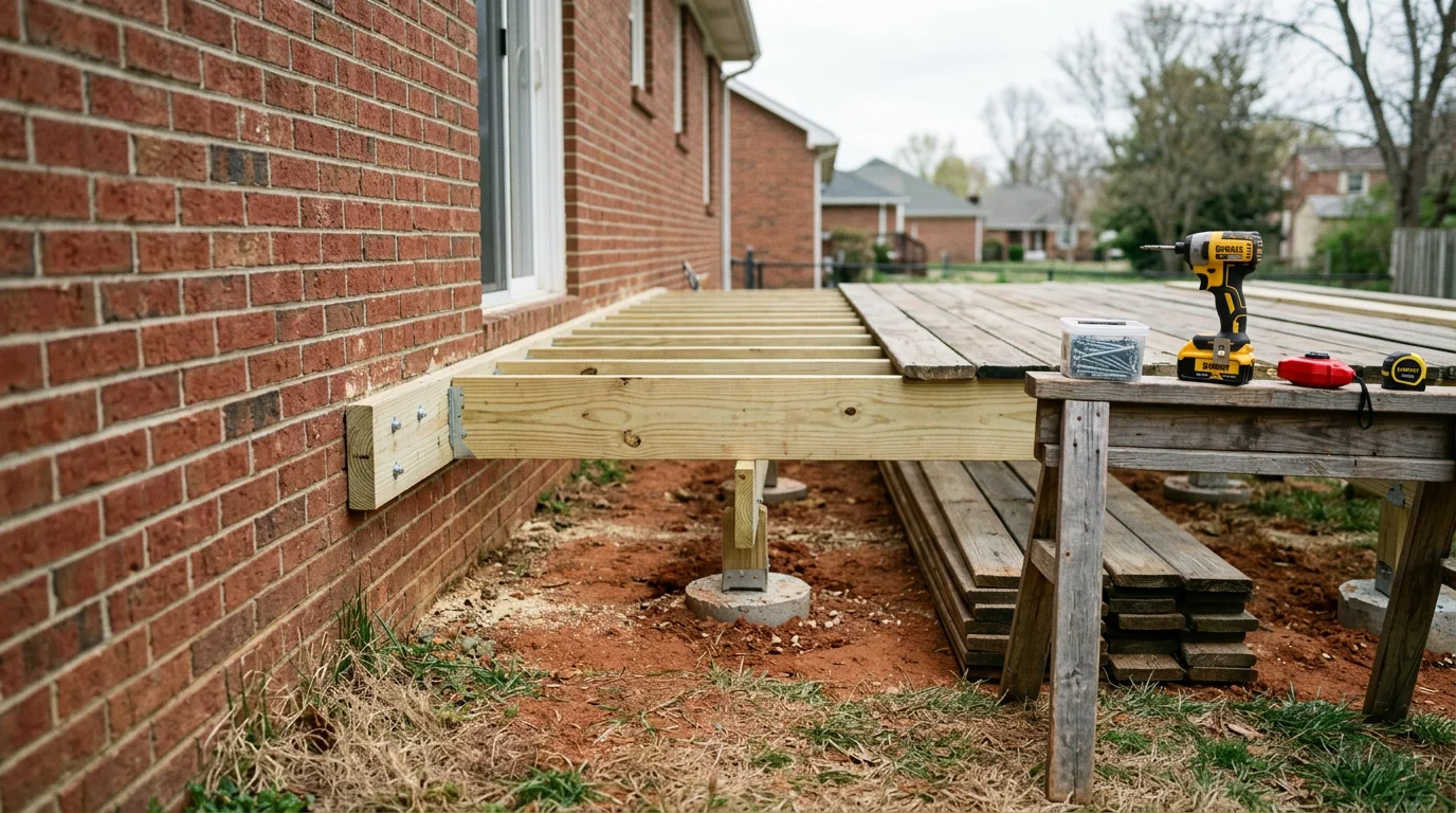 A completed deck replacement on a Louisville, Kentucky residential home, showing new decking boards and railing installed over a rebuilt frame in a backyard setting.