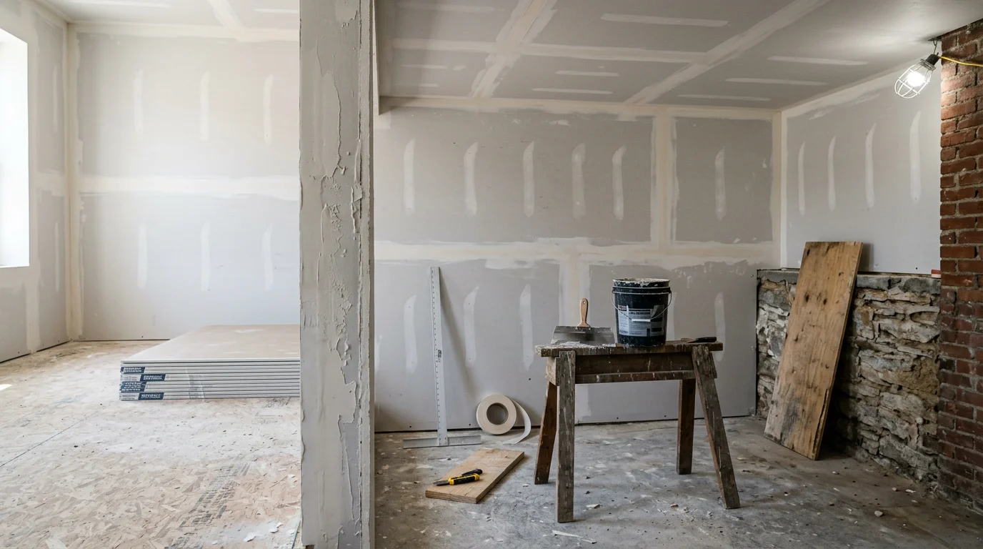 Freshly installed and taped drywall covering the walls and ceiling of a residential room in Louisville, Kentucky, with joint compound applied and ready for sanding and paint.
