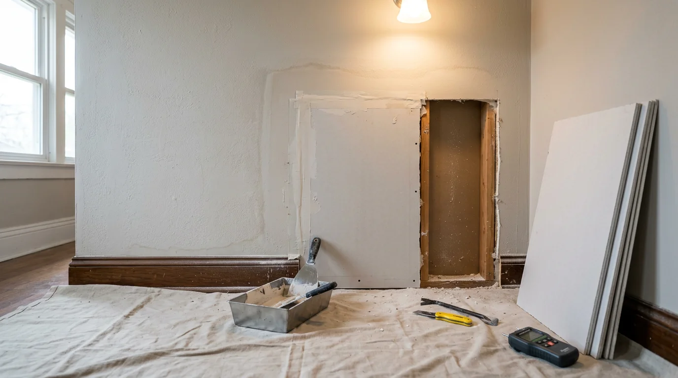 A freshly repaired and textured drywall patch on an interior wall in a Louisville, Kentucky home, with joint compound smoothed flush and ready for paint. The ceiling and surrounding wall show a matching knockdown texture finish.
