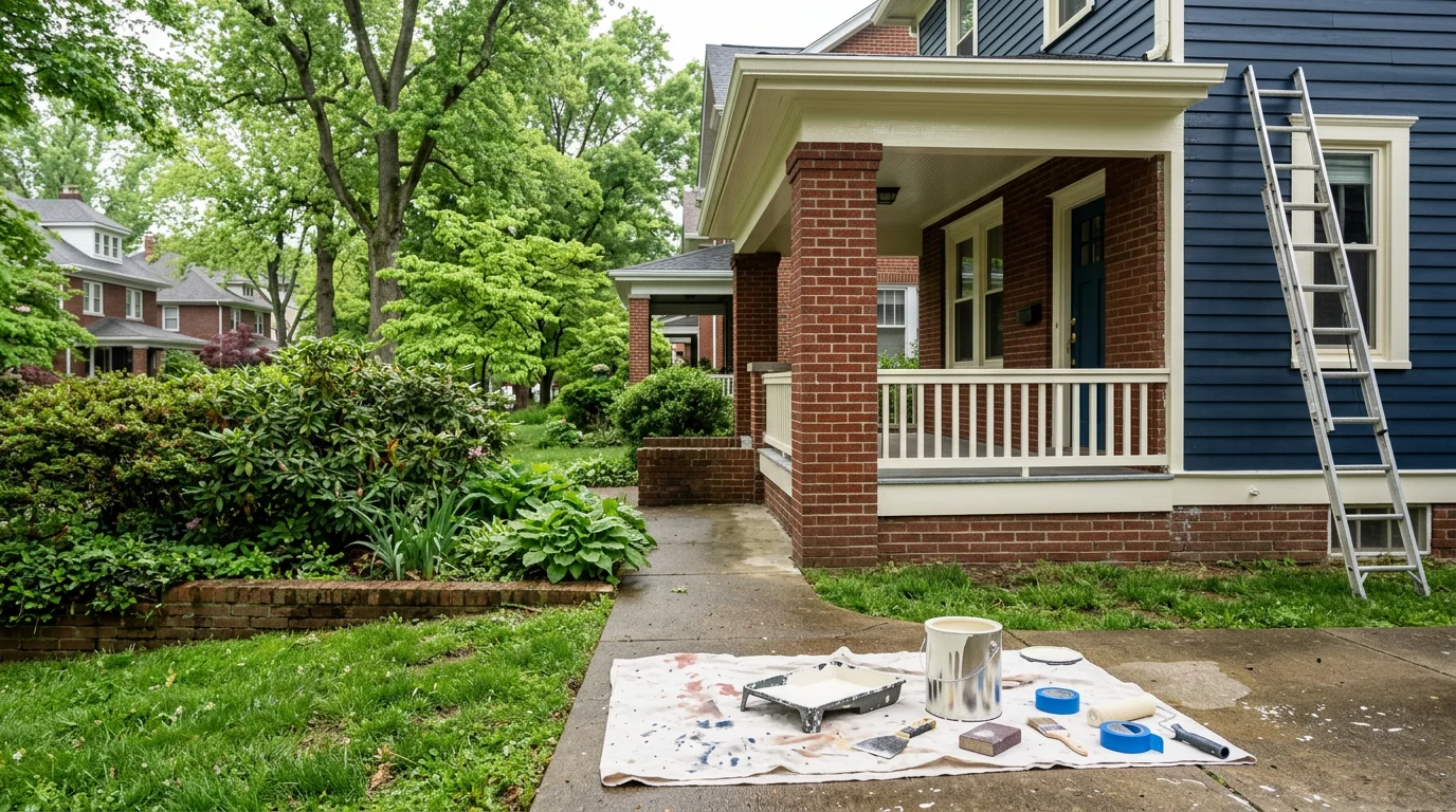 Freshly painted two-story home exterior in Louisville, Kentucky, showing clean siding and trim with no peeling or fading. The finished surface reflects quality prep work suited to the region's humid climate.