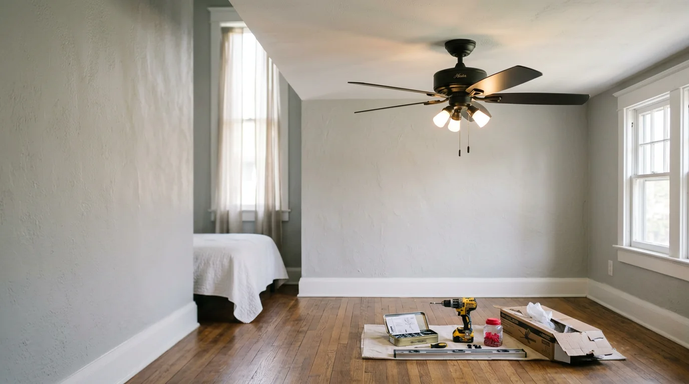 A ceiling fan freshly installed on a residential ceiling in a Louisville, Kentucky home. The fan is level, securely mounted, and centered over the room.