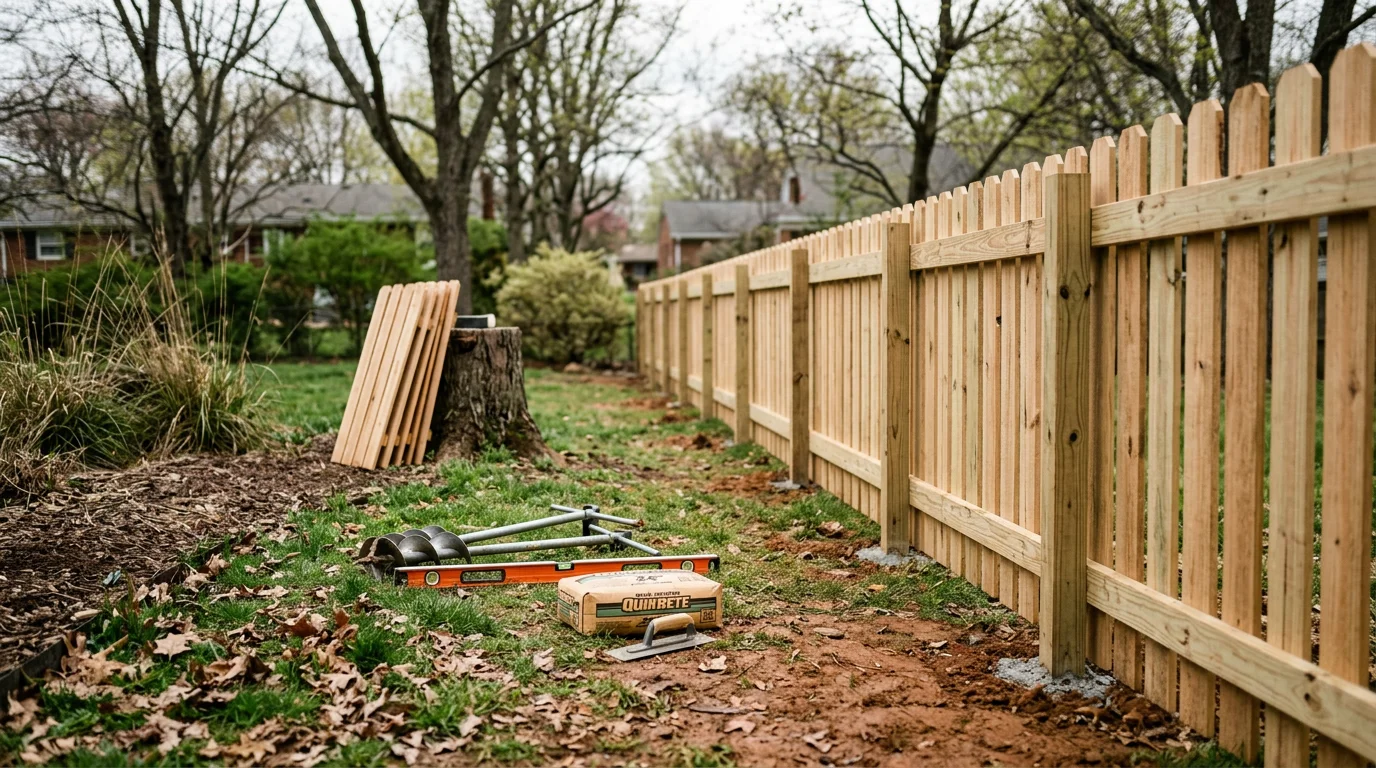 A newly built wood privacy fence in a residential backyard in Louisville, Kentucky, with posts set in concrete footings and panels running along a property line. The fence stands straight and level against a typical Louisville neighborhood backdrop of mature trees and a single-family home.