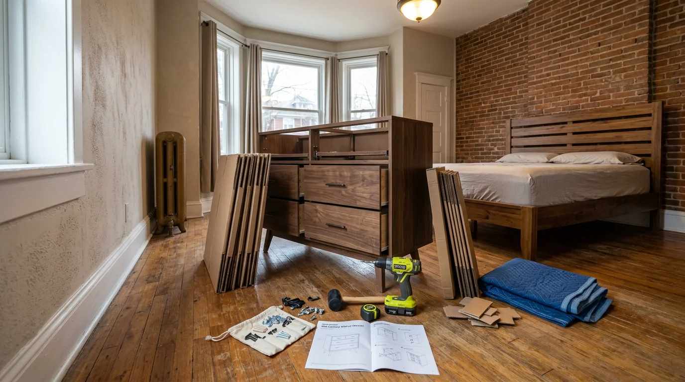 A fully assembled wooden bed frame and dresser set in a Louisville home bedroom, with flat-pack boxes broken down and stacked neatly nearby. A carpenter's tools rest on the floor beside the completed furniture.