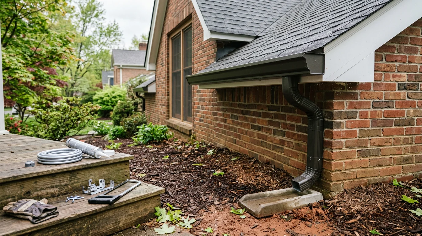 Newly installed seamless aluminum K-style gutters and downspouts on a residential home in Louisville, Kentucky. The gutters run the full length of the roofline with downspouts directed away from the foundation.