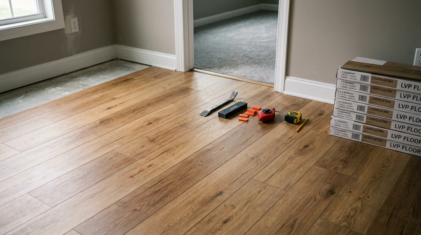 Freshly installed luxury vinyl plank flooring in a Louisville, Kentucky home, showing clean plank alignment and finished transitions at a doorway. The room reflects a typical residential interior in the Louisville area with natural light across the new floor surface.