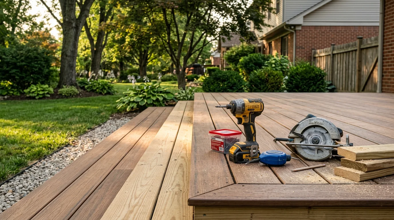A finished ground-level patio deck built by Reh Construction LLC at a residential home in Louisville, Kentucky, with clean board lines and a step down to the backyard. The structure shows proper framing and outdoor-rated materials suited to the Louisville climate.