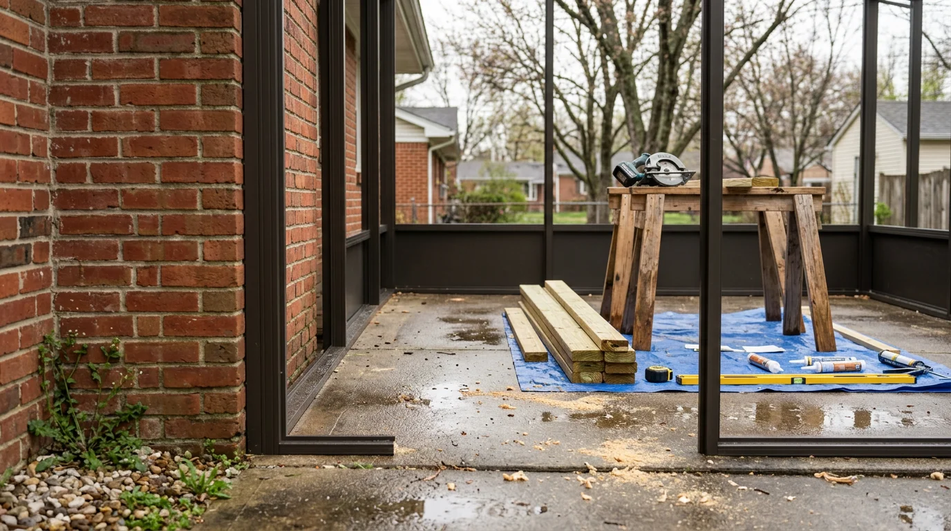 A finished patio enclosure with a glass-panel structure attached to the back of a residential home in Louisville, Kentucky. The enclosed space features a solid roof, clear glass walls, and an open interior with natural light coming through.