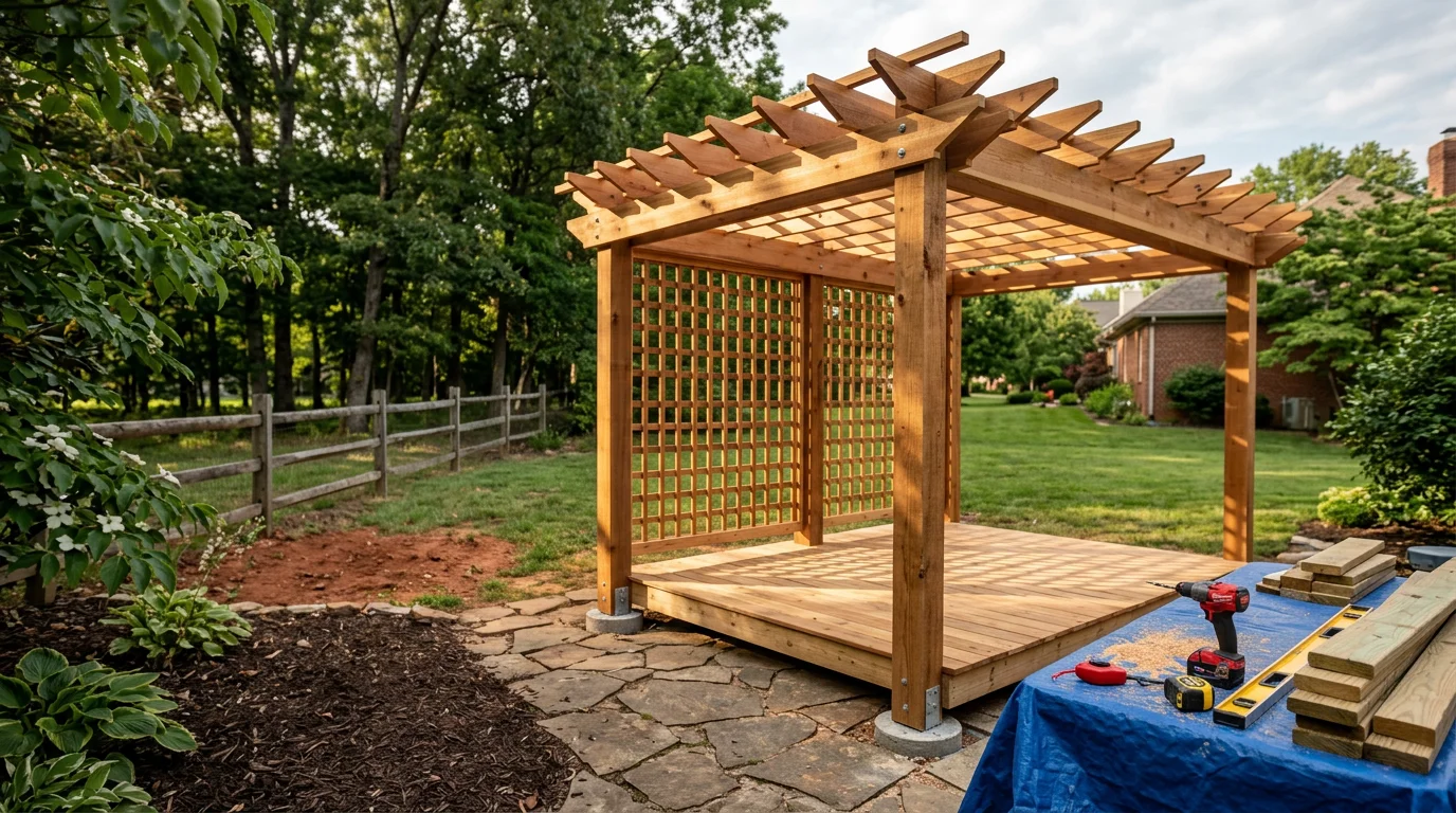 A newly constructed wood pergola in a residential backyard in Louisville, Kentucky, with open beam rafters and four post anchors set on a concrete patio. The structure provides partial shade over an outdoor seating area surrounded by a green lawn.