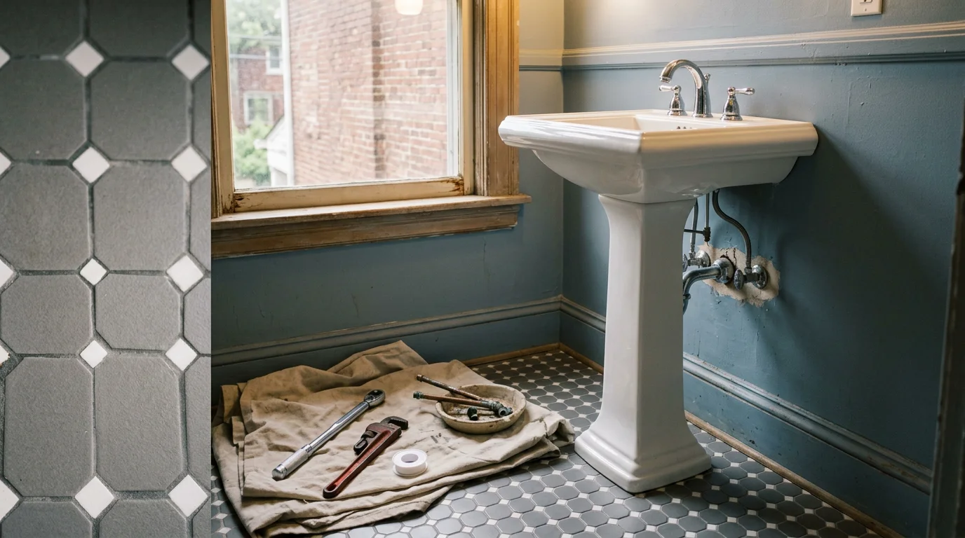A newly installed bathroom sink and faucet with clean supply line connections in a Louisville, Kentucky home. The fixture is level and fully seated, with shutoff valves visible beneath the cabinet.