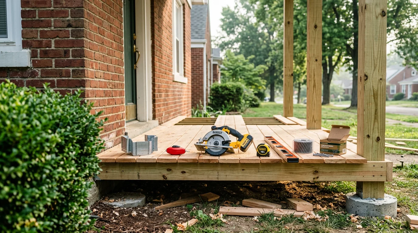 A newly built covered front porch on a residential home in Louisville, Kentucky, with wood framing, painted trim, and a railed staircase leading to the front yard. The porch structure matches the roofline and siding of the existing home.