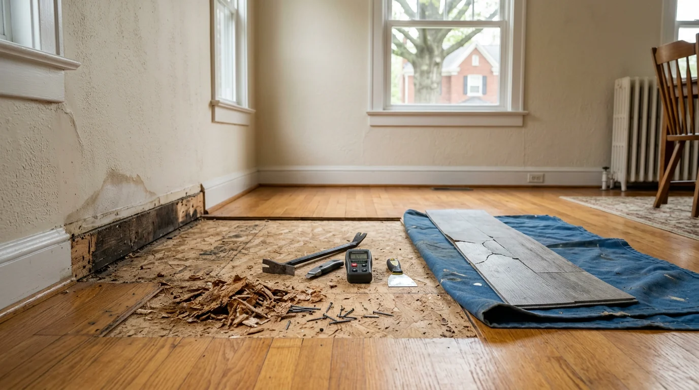 A flooring contractor repairing a section of luxury vinyl plank flooring in a Louisville, Kentucky home, with removed planks and subfloor visible during the repair process.
