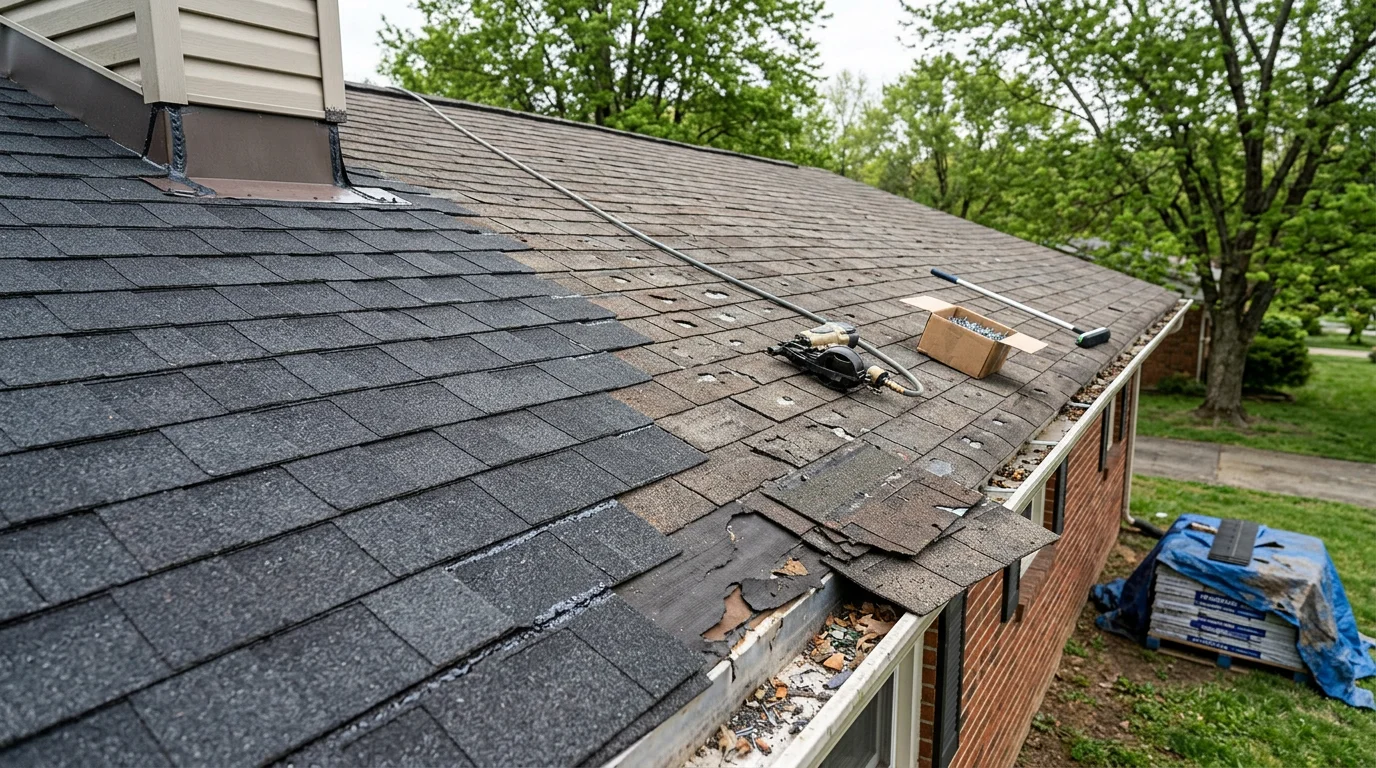A Louisville, Kentucky residential roof showing repaired shingles and sealed flashing after hail and wind damage. The repair work covers the affected slope on a suburban home in the Greater Louisville metro area.