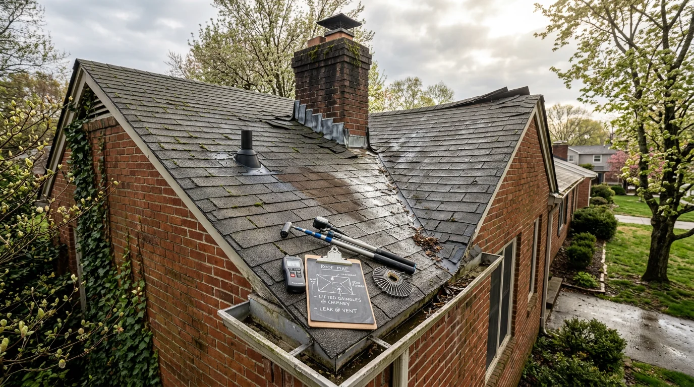 A roofing contractor from Reh Construction LLC inspecting shingles and flashing on a residential roof in Louisville, Kentucky. Close-up view shows granule wear and flashing detail around a chimney penetration.