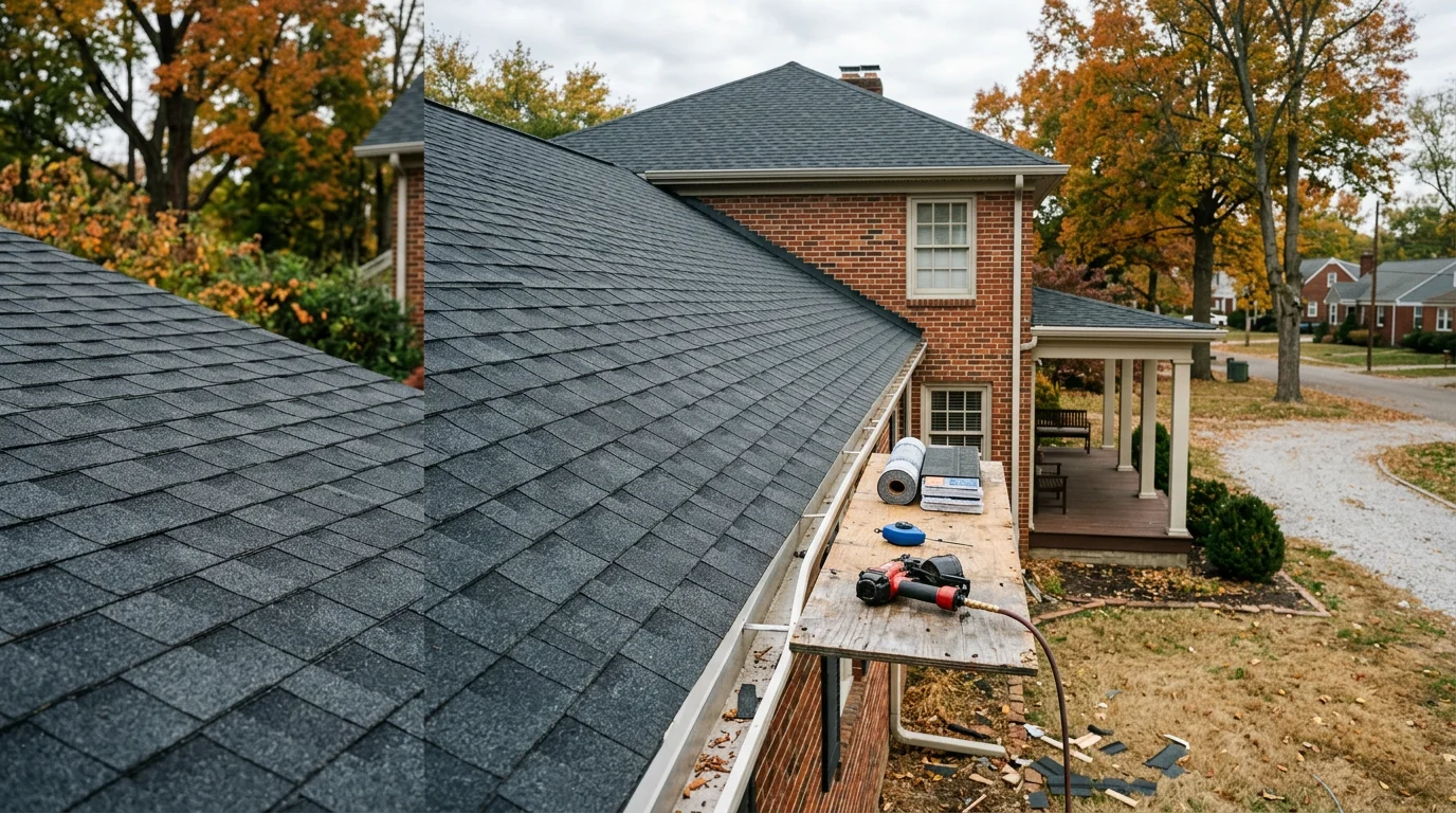 A completed residential roof installation on a Louisville, Kentucky home showing new architectural shingles, clean ridge line, and finished flashing around the chimney. The surrounding neighborhood reflects the mixed residential building styles common across Jefferson County.