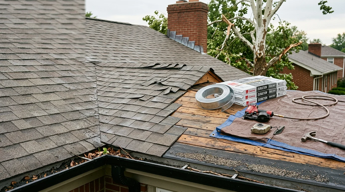 A Louisville, Kentucky residential roof showing missing shingles and lifted flashing along the ridge line after a severe wind and hail storm. A roofing contractor from Reh Construction LLC inspects the storm damage from the roof surface.