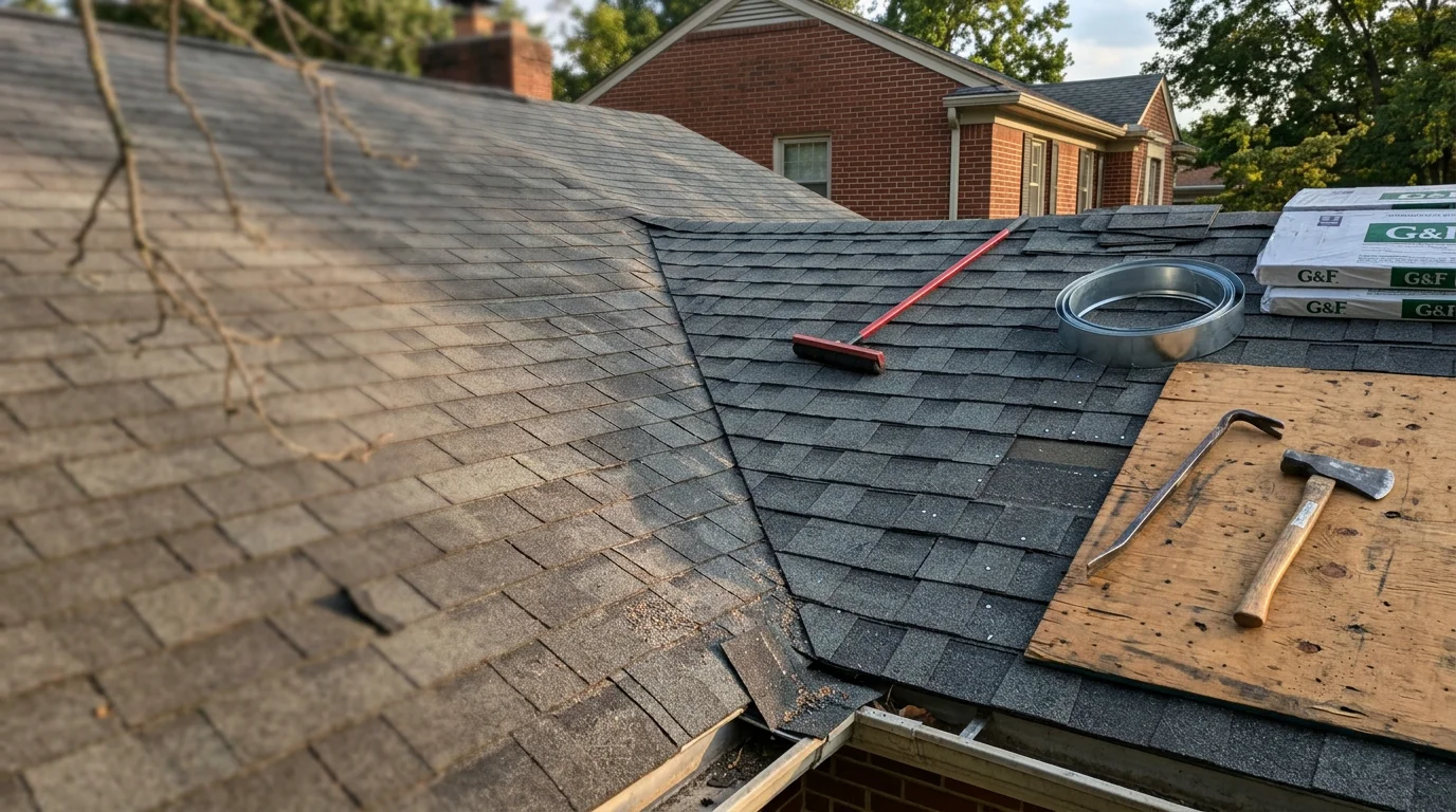 A roofing contractor repairing damaged shingles on a residential home in Louisville, Kentucky. Close-up view shows replaced shingles and sealed flashing along the roof edge.