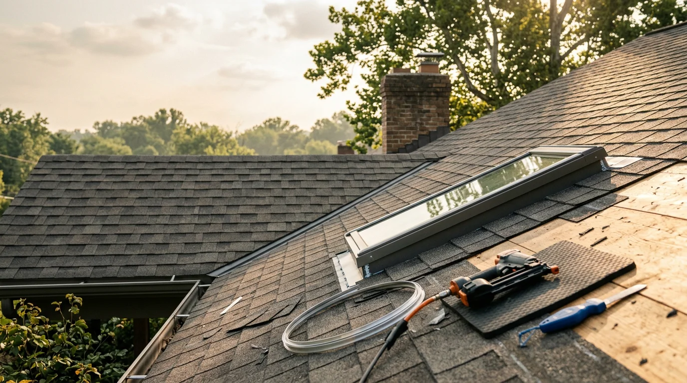 A newly installed curb-mounted skylight on a residential roof in Louisville, Kentucky, with clean step flashing around the frame and shingles reinstalled flush to the curb. Natural light visible through the glass from the exterior view.