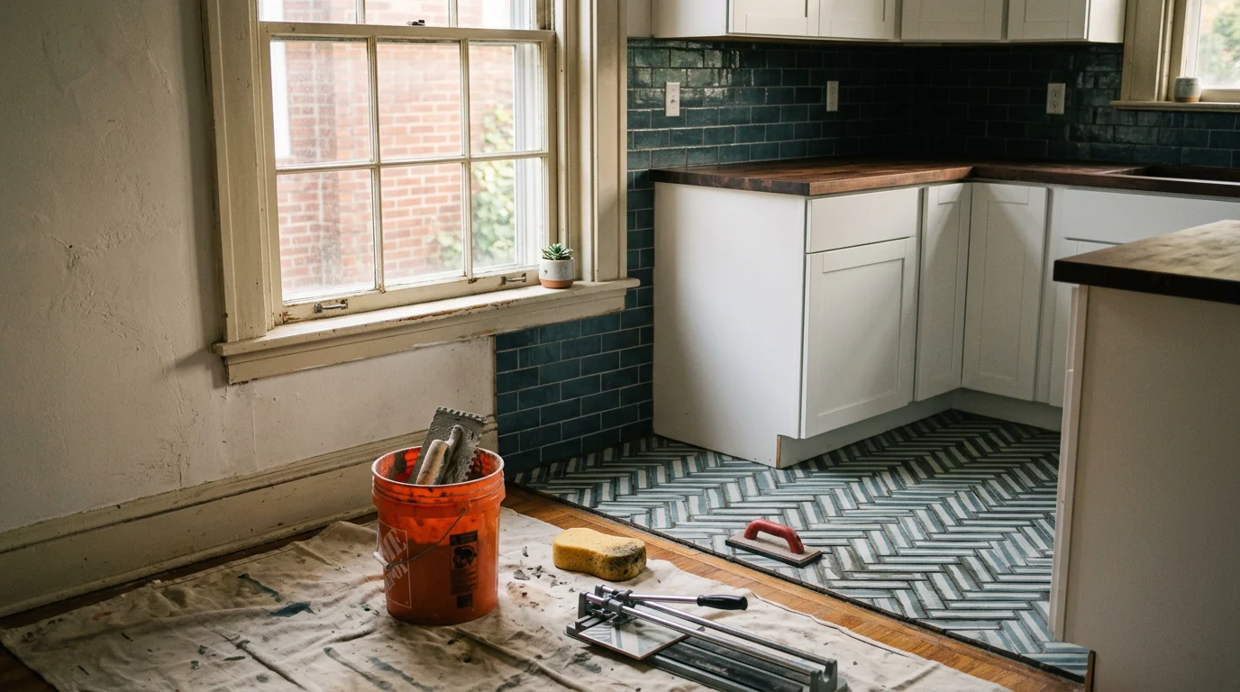 Freshly installed ceramic floor tile in a Louisville, Kentucky bathroom with clean grout lines and a tiled shower wall visible in the background. The subfloor was prepped and leveled before installation by Reh Construction LLC.