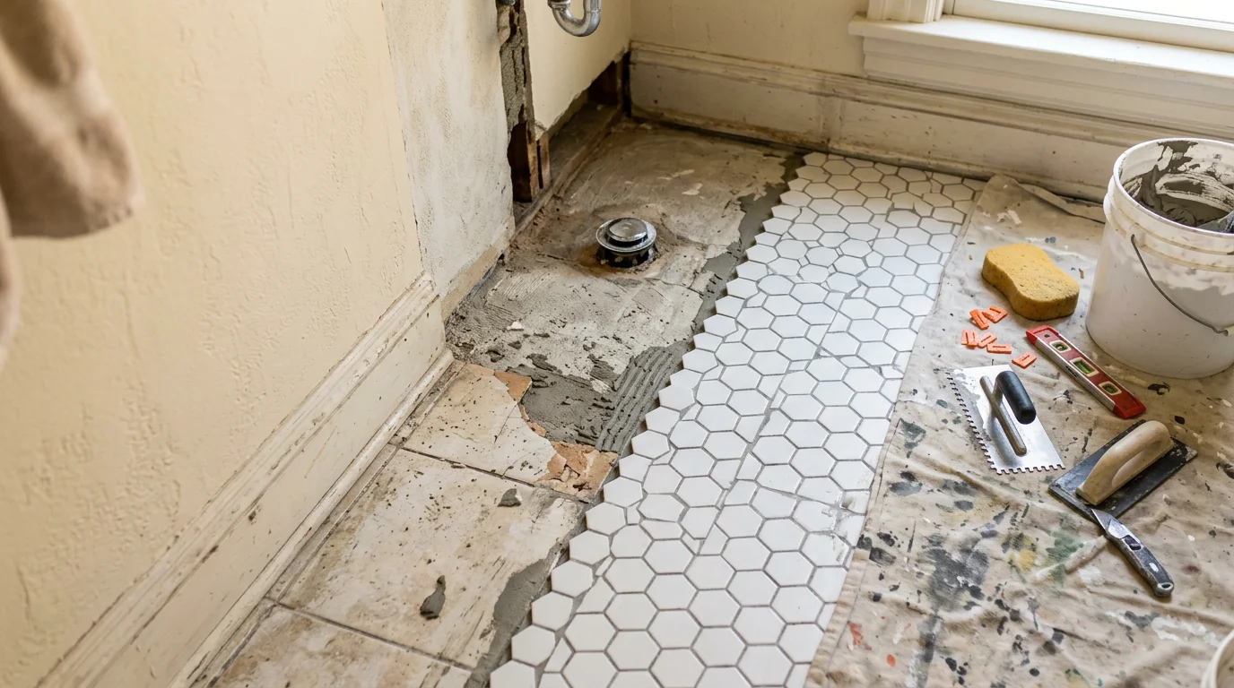 A Louisville, Kentucky bathroom floor with freshly replaced ceramic tile, clean grout lines, and no visible cracks or damage. A flooring contractor from Reh Construction LLC completes the tile work replacement in a residential wet area.