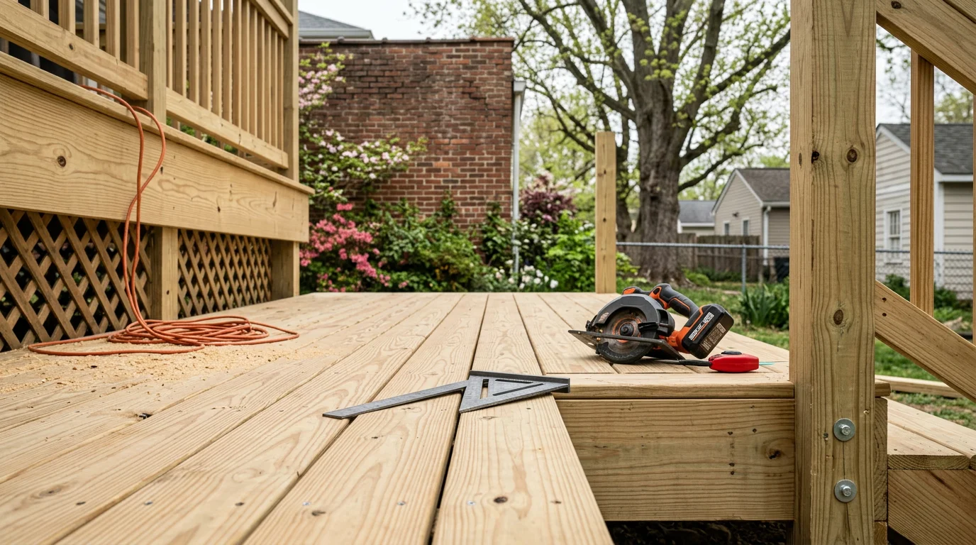 A newly constructed wood deck attached to a residential home in Louisville, Kentucky, showing pressure-treated framing, wood decking boards, and a railing with balusters. The deck extends into a backyard typical of homes in the Kentuckiana region.