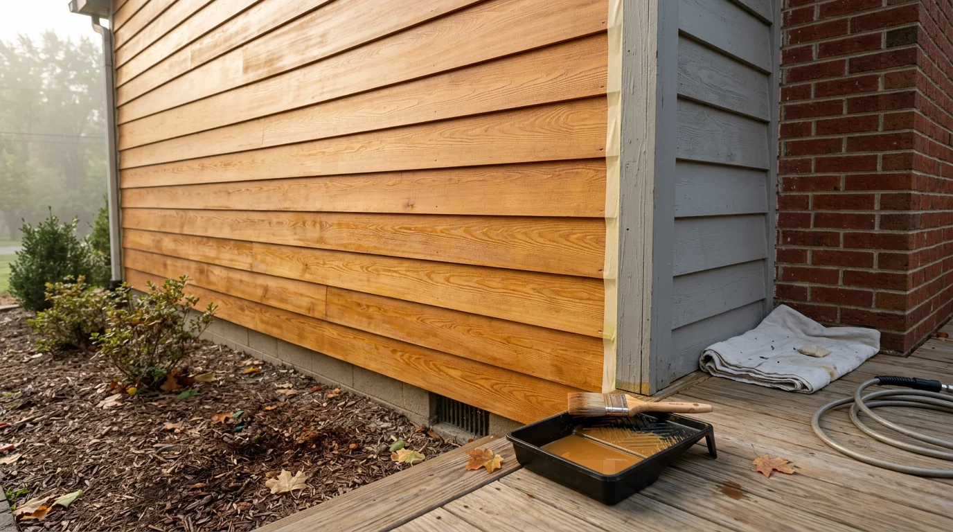 A freshly stained wood deck on a Louisville, Kentucky home showing even color and clean grain after professional wood staining service. The surface shows no graying or weathering, with the surrounding yard visible in the background.